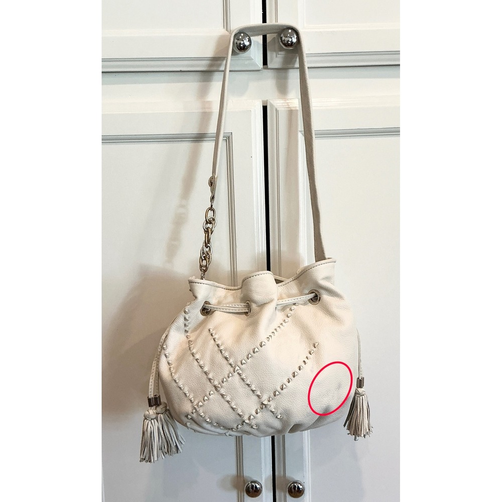 Elliott‎ Lucca White Leather Studded Drawstring Bucket Bag Tassel Chain Strap